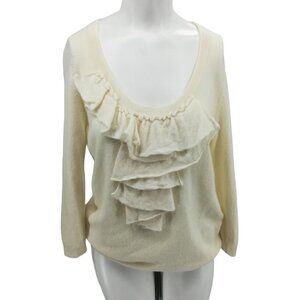 Talbots 100% Pure Cashmere Ruffle Front Scoop Neck Pullover Sweater Size S Ivory